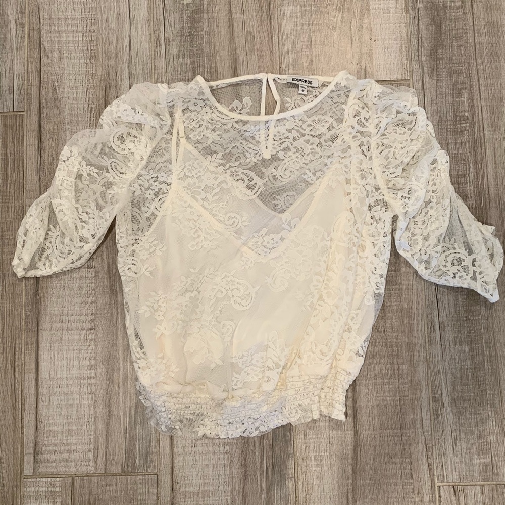 Express Ruched Sleeve Lace Blouse Cami Underneath